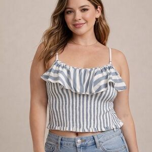 Chaser NEW Smocked Crop Top LARGE Elastic RUFFLES Striped Tube Top Satin LARGE